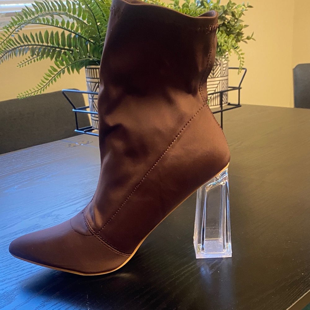 Fashion Nova Chocolate Heeled Boots with Transparent Heel
